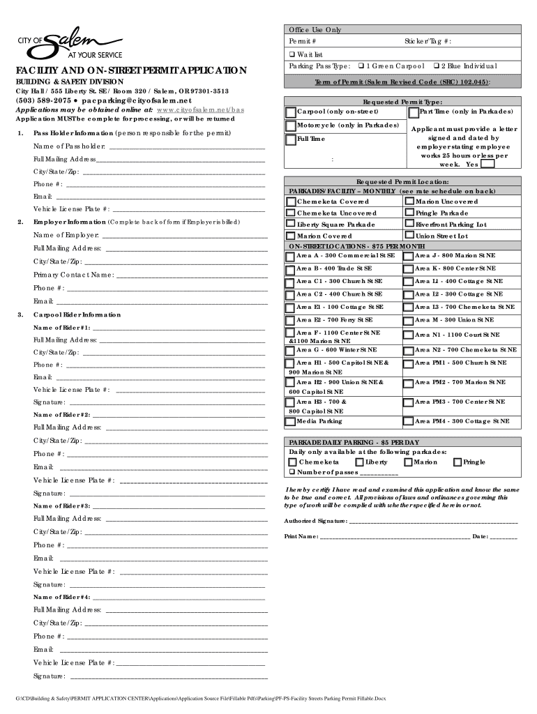 Or Facility and on Street Permit Application City of Salem  Form