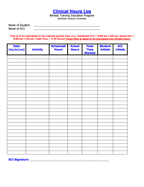 Clinical Hours Log Athletic Training Northern Arizona University  Form