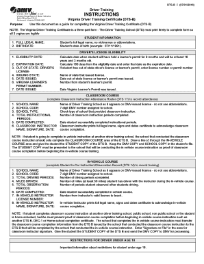 Virginia Driver Training Certificate Dts B  Form