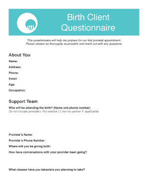 Doula Client Questionnaire PDF  Form