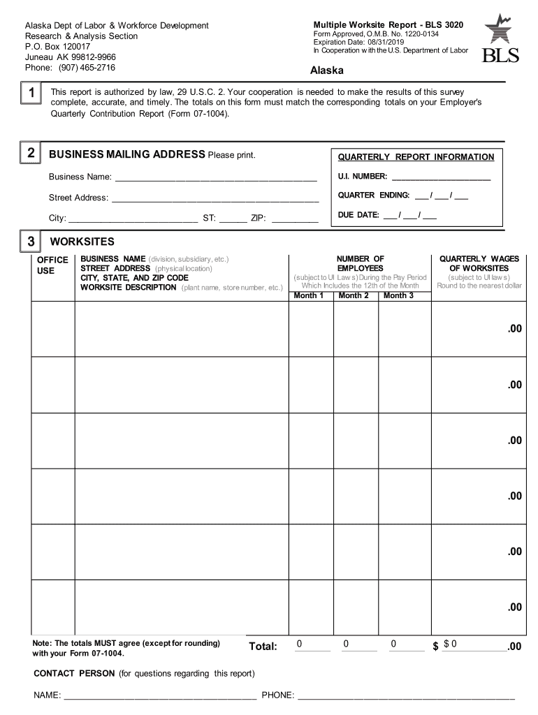 Multiple Worksite Report BLS 3020 Bureau of Labor Statistics  Form