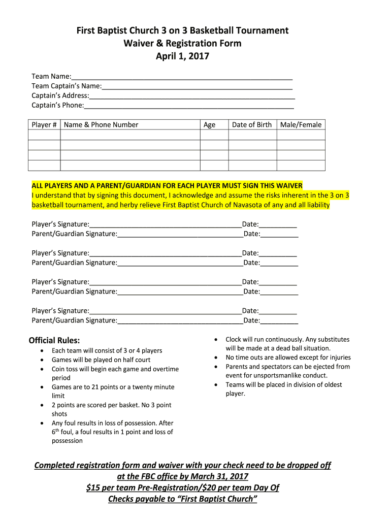  3 on 3 Basketball Tournament Registration Form &amp; Waiver 2017-2024