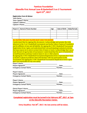 3 on 3 Basketball Tournament Registration Form &amp; Waiver