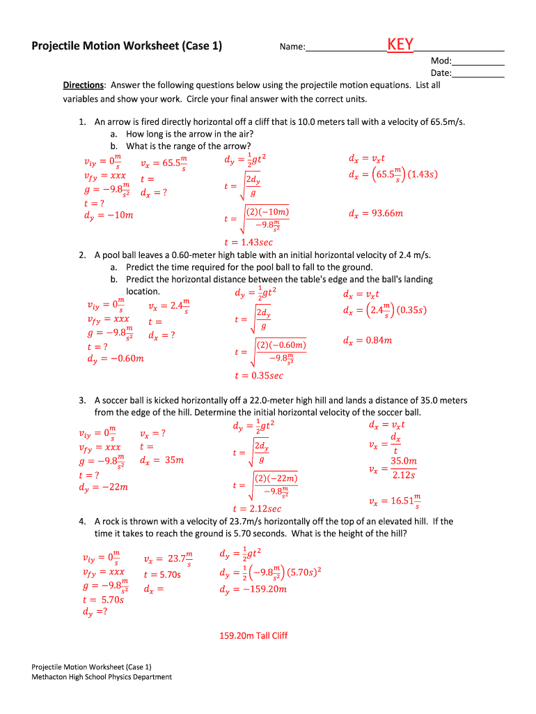 Projectile Motion Word Problems Worksheet with Answers PDF  Form