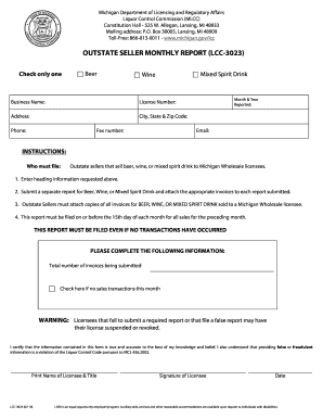 Outstate Seller Monthly Report Lcc 3023 State of Michigan  Form