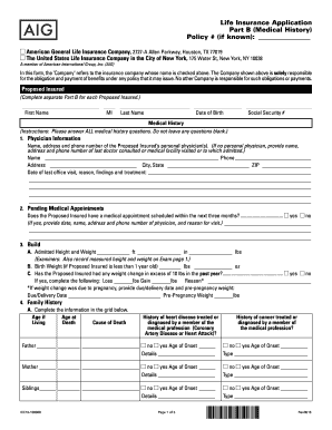 Life Insurance Application Part B Medical History Policy # If Known  Form
