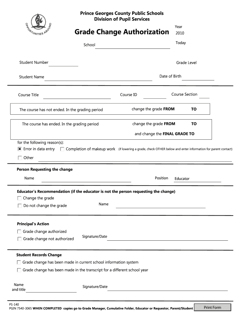 Grade Change Authorization Pgcps  Form