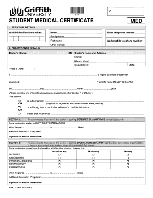 Student Medical Certificate Griffith University  Form