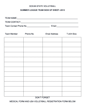 Ocean State Volleyball Summer League Team Sign Up Sheet  Form