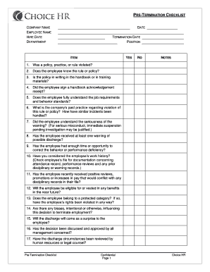 Pre Termination Checklist Choice Hr  Form