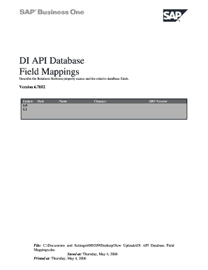 SAP Business One API DataBase Field Mapping DI 6 7 52 3 DOC PDF  Form