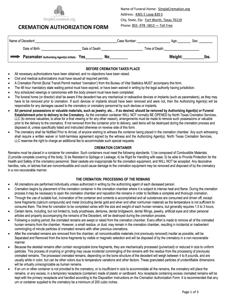 Simple Cremation Form 2016-2024