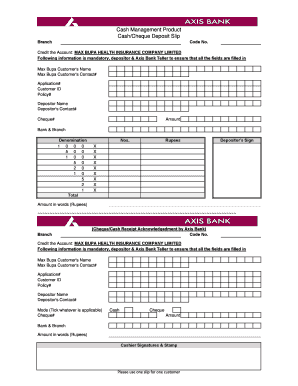 Axis Bank Cheque Deposit Slip  Form