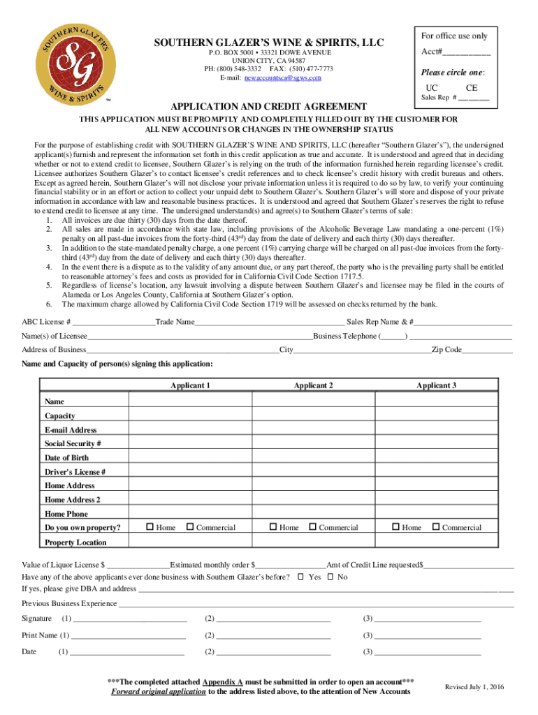 Credit Application CA Southern Glazer&amp;#39;s Wine &amp; Spirits  Form