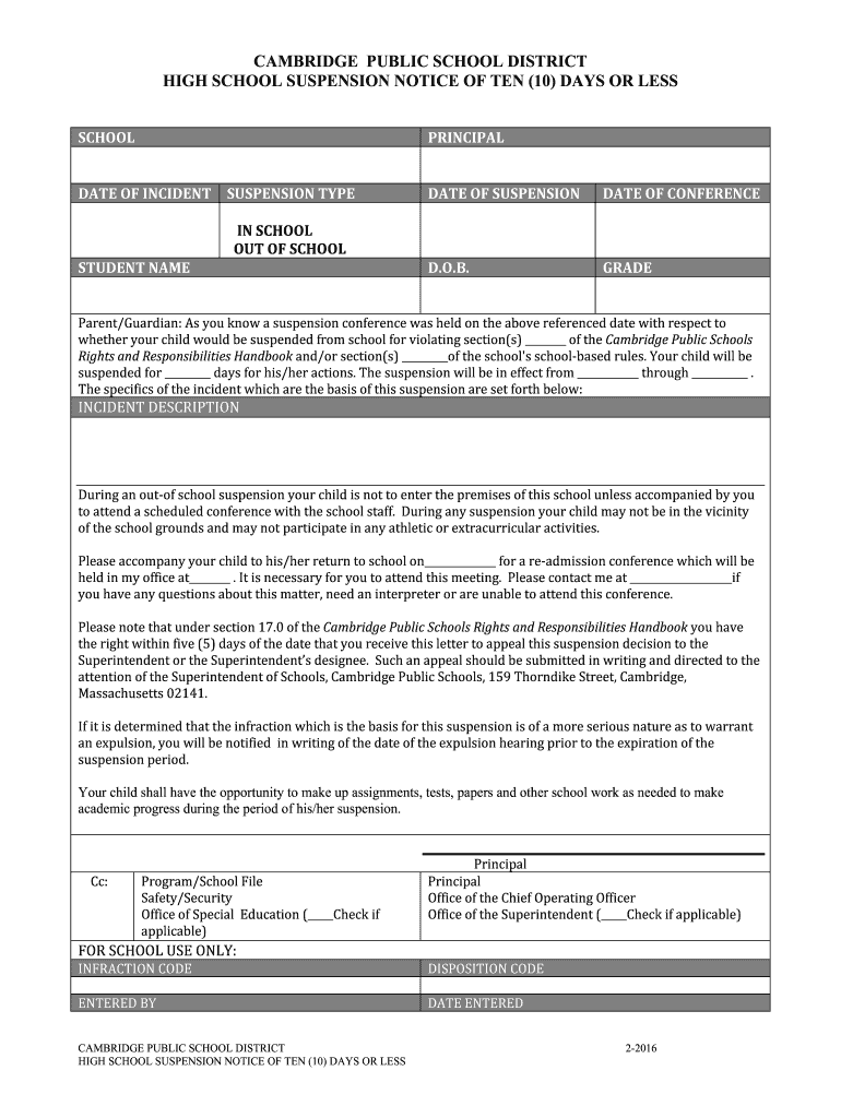  Form 3 High School Suspension Form 10 Days or Less DOCX 2016