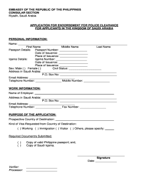 Application for Endorsement for Police Clearance for Applicants in the Kingdom of Saudi Arabia  Form