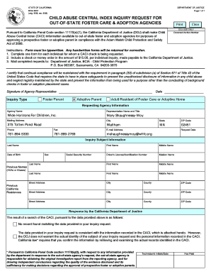 BCIA 4057 Child Abuse Central Index Inquiry Request for Out of State Foster Care &amp; Adoption Agencies Child Abuse Central Ind  Form