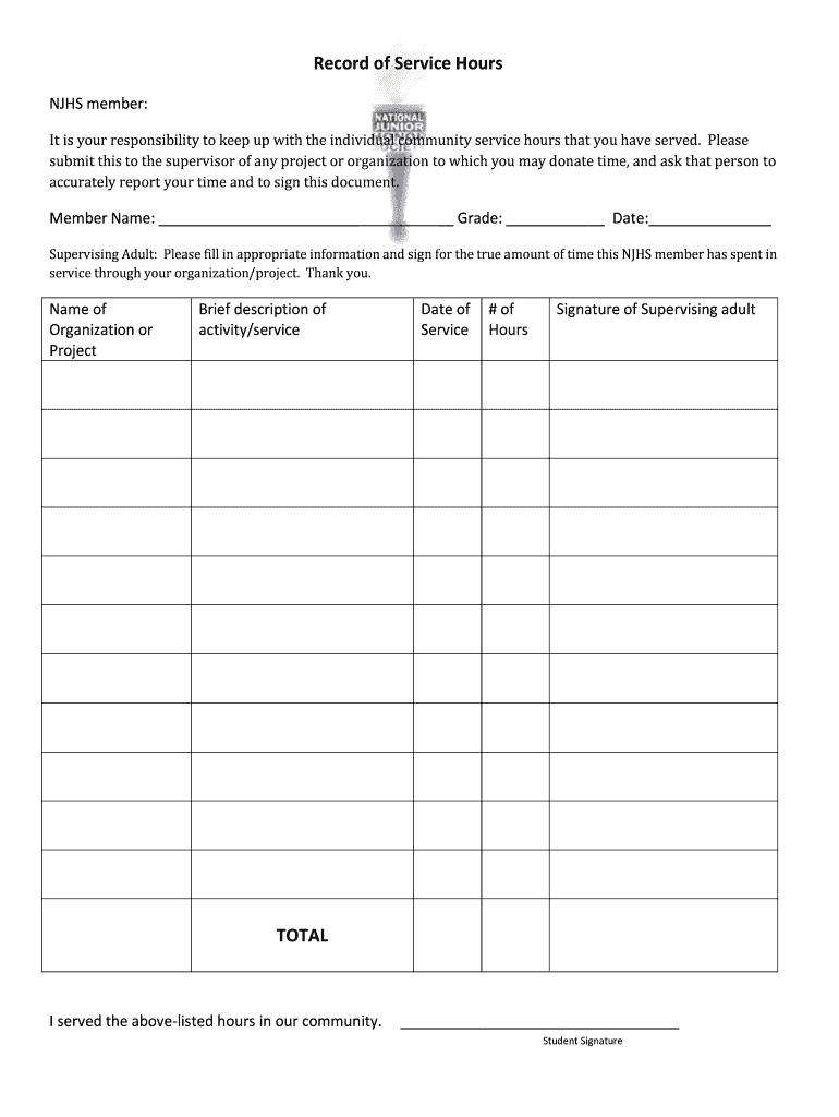 NJHS Service Hours Record  Form