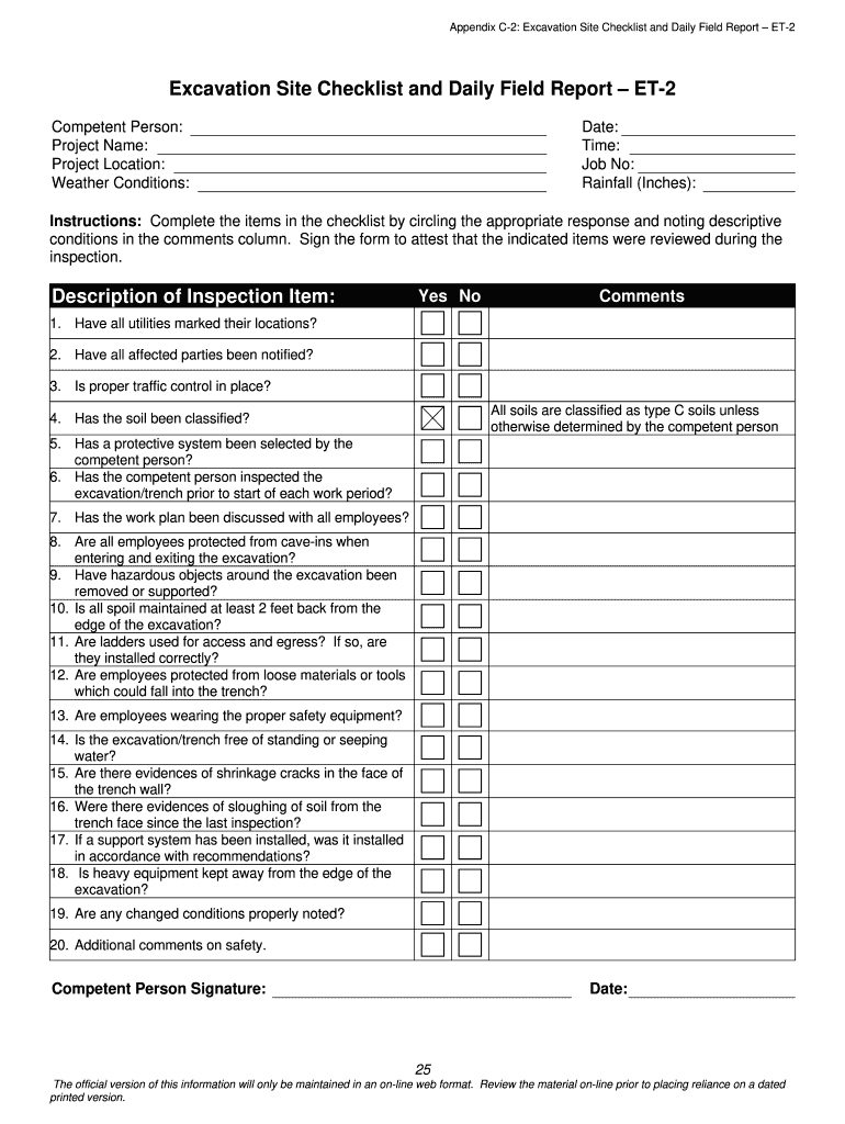 Excavation Site Checklist and Daily Field Report ET 2  Form