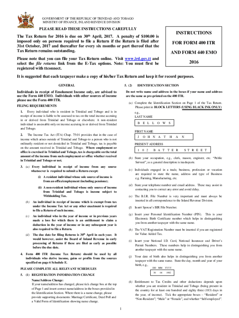  TT Instructions for Form 400 ITR and 440 EMO 2016-2024