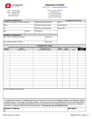 Statement of Claim JK Moving Services  Form