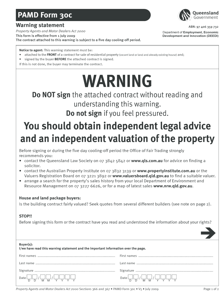  Pamd Form 30c Warning Statement 2009-2024