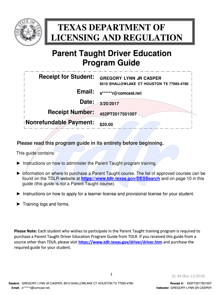  Parent Taught Driver Education Form 2017-2024