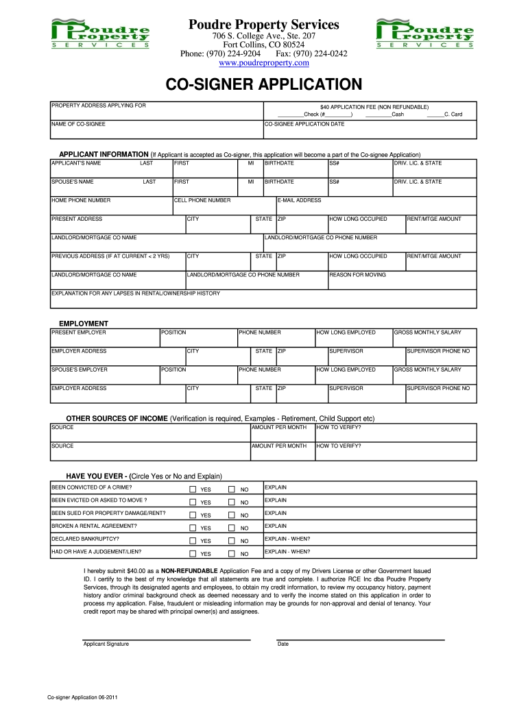  Co Signer Application Form Poudre Property Services 2011-2024