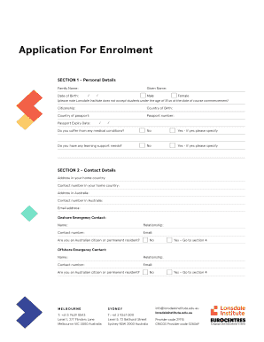 Application for Enrolment Lonsdale Institute  Form