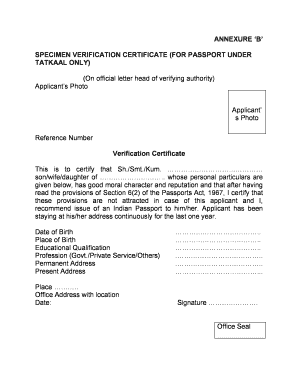 Character Certificate for Passport Verification  Form