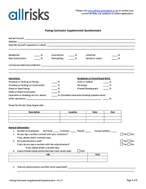 Paving Contractor Supplemental Questionnaire AllRisks  Form