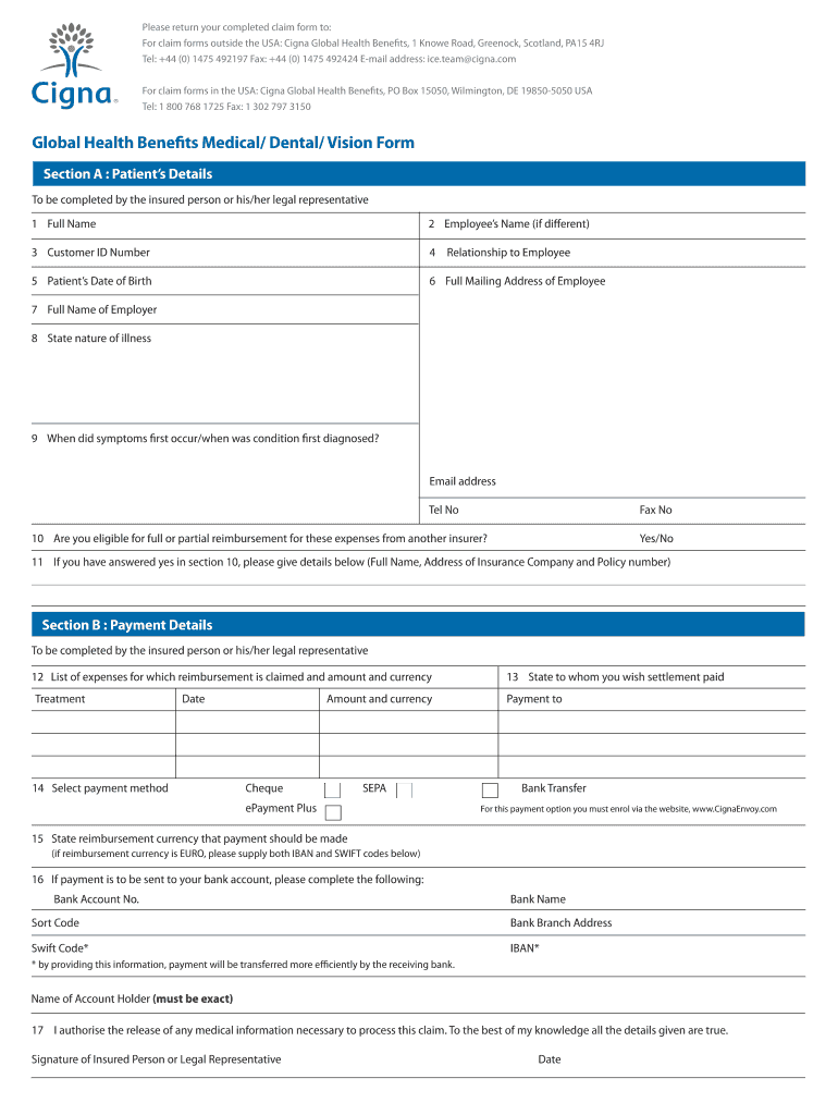 Global Health Benefits Medical Dental Vision Form