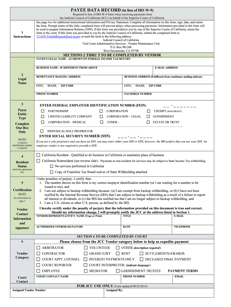 Payee Data Record Ca Judicial Council  Form