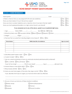 Bone Density Patient Questionnaire USMD Imaging Center  Form