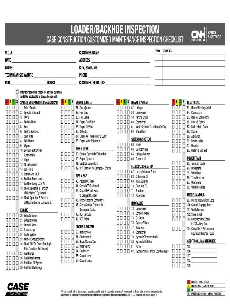 Excavator Maintenance Checklist  Form