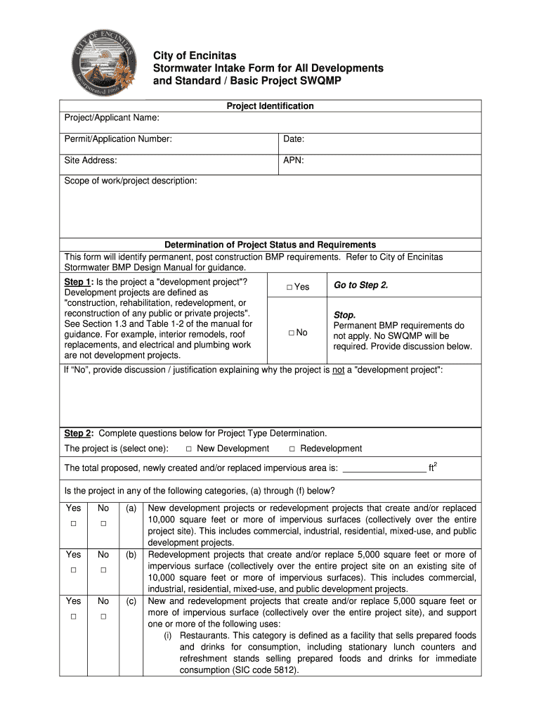 Intake Form and Standard SWQMP City of Encinitas