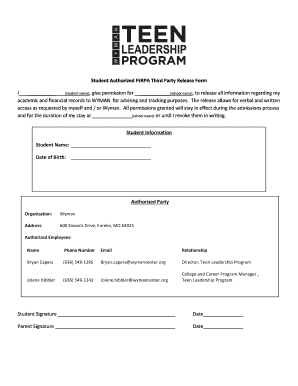 Student Authorized FERPA Third Party Release Wyman Center  Form