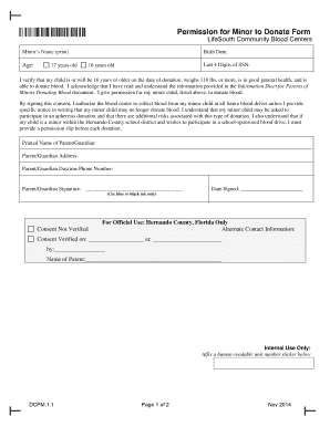 Permission for Minor to Donate Form LifeSouth Community Blood