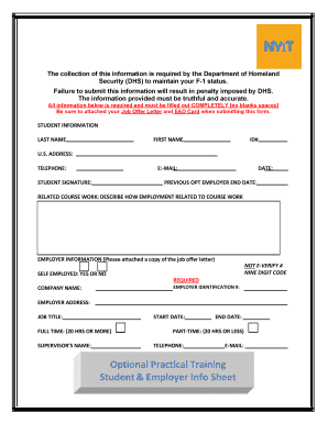 Optional Practical Training Student & Employer Info Sheet NYIT  Form