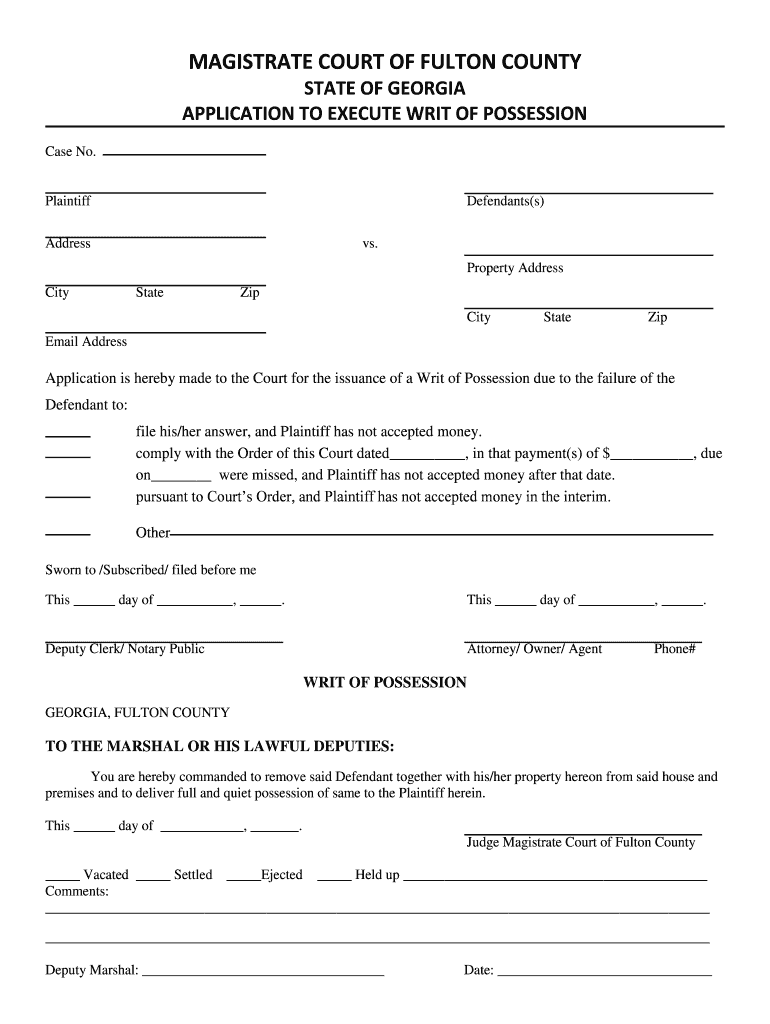 Fulton County Writ of Possession  Form