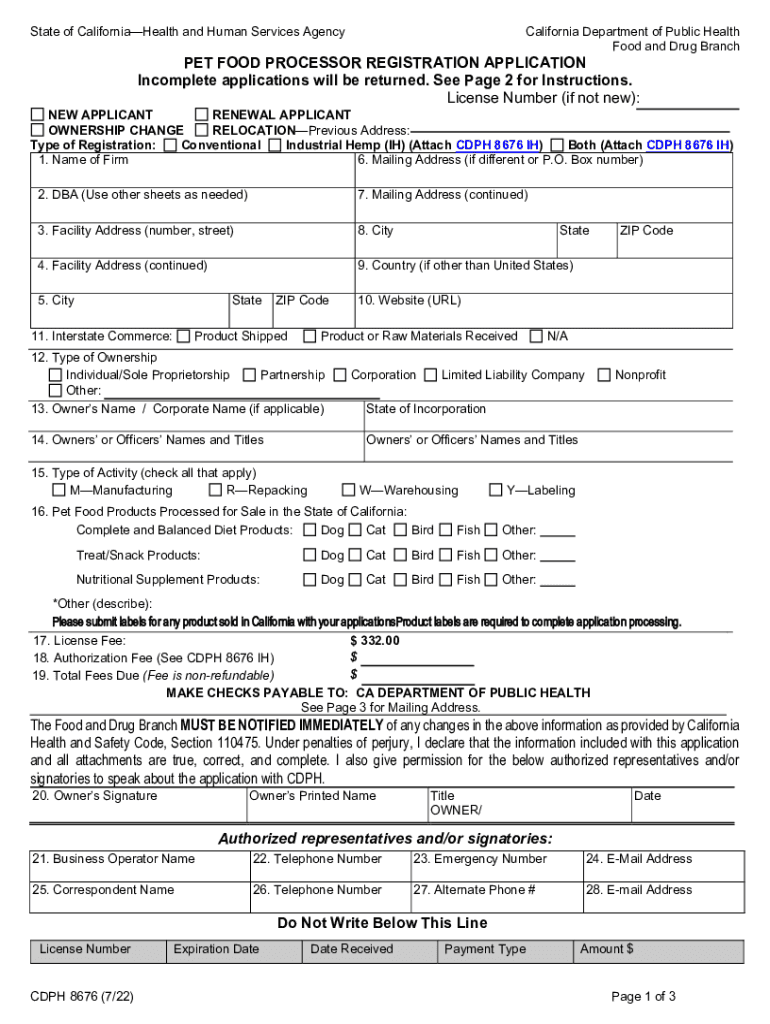  PET FOOD PROCESSOR LICENSEREGISTRATION APPLICATION CDPH 8676 2021-2024