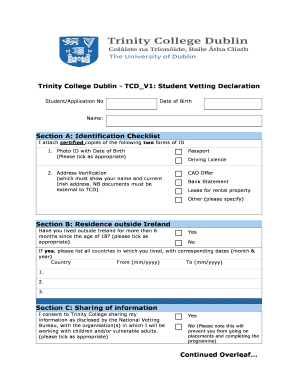 Trinity College Dublin TCD V1 Student Vetting Declaration  Form