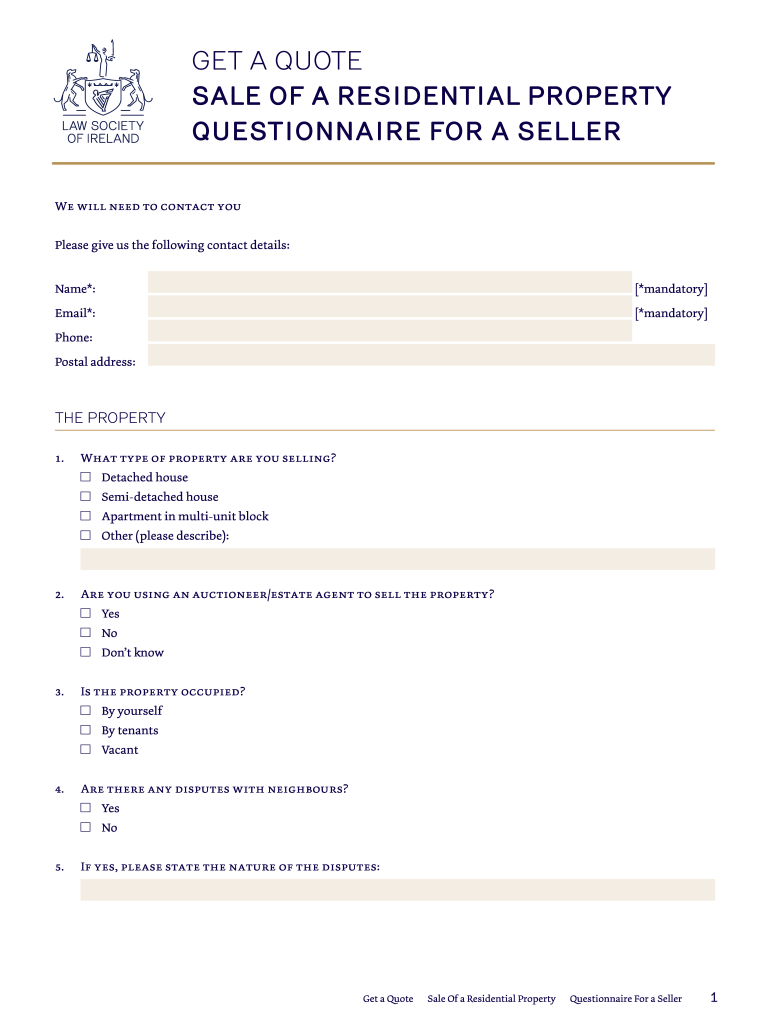 Get a Quote Sale of a Residential Property Questionnaire for a Seller  Form