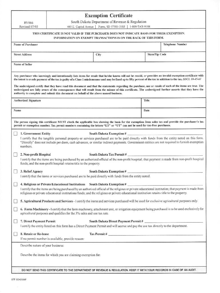  RV066 South Dakota Exemption Certificate 2003-2024