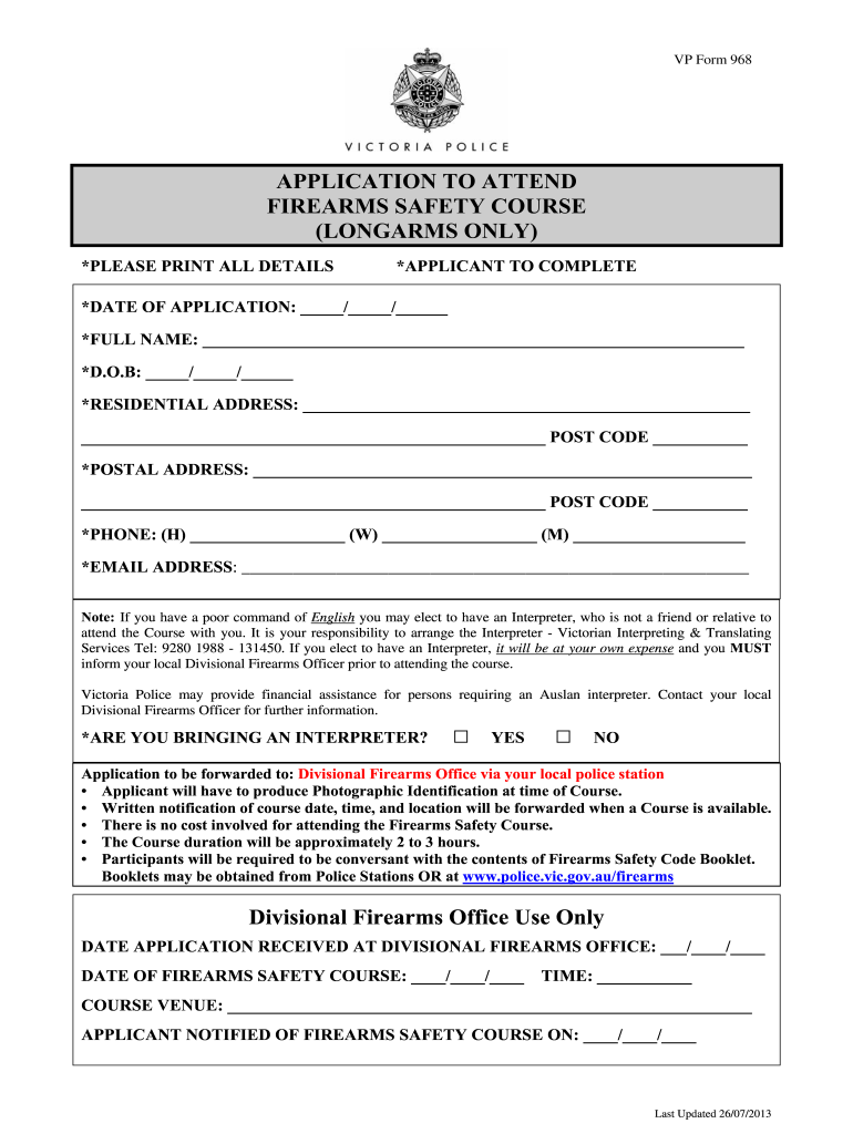 Get and Sign Firearm Safety Course Booking Form Victoria Police 2013-2022