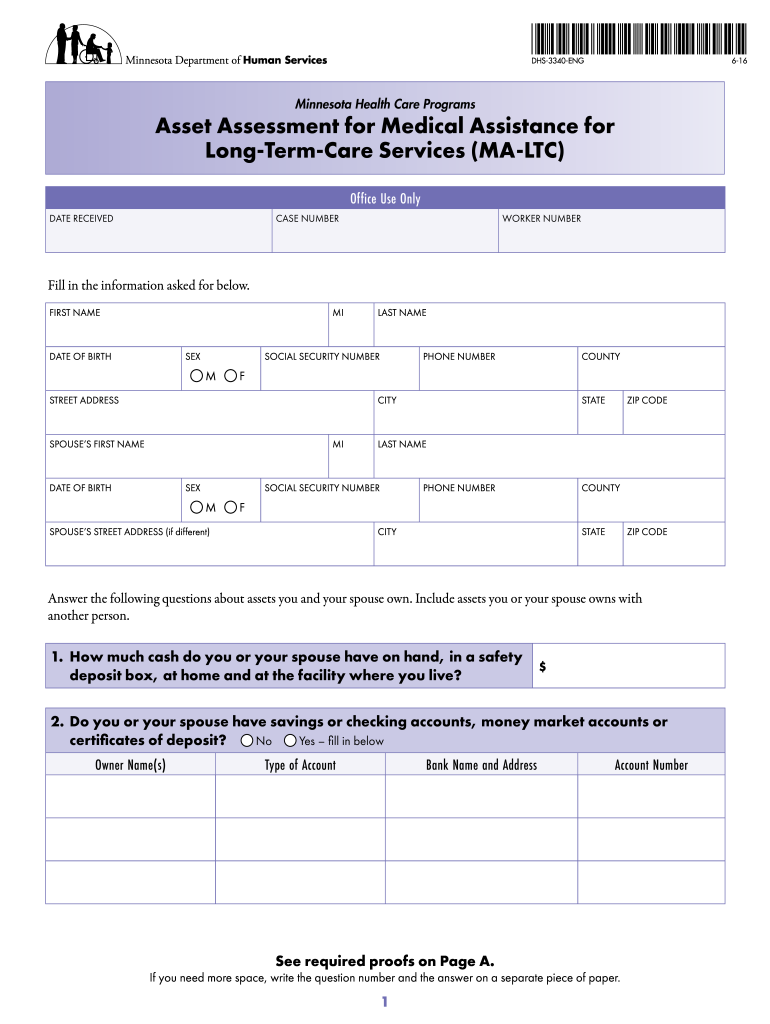 DHS 3340 ENG Asset Assessment for Medical Assistance for Long Term Care Services MA LTC Form is Used by a Married Person Who Exp