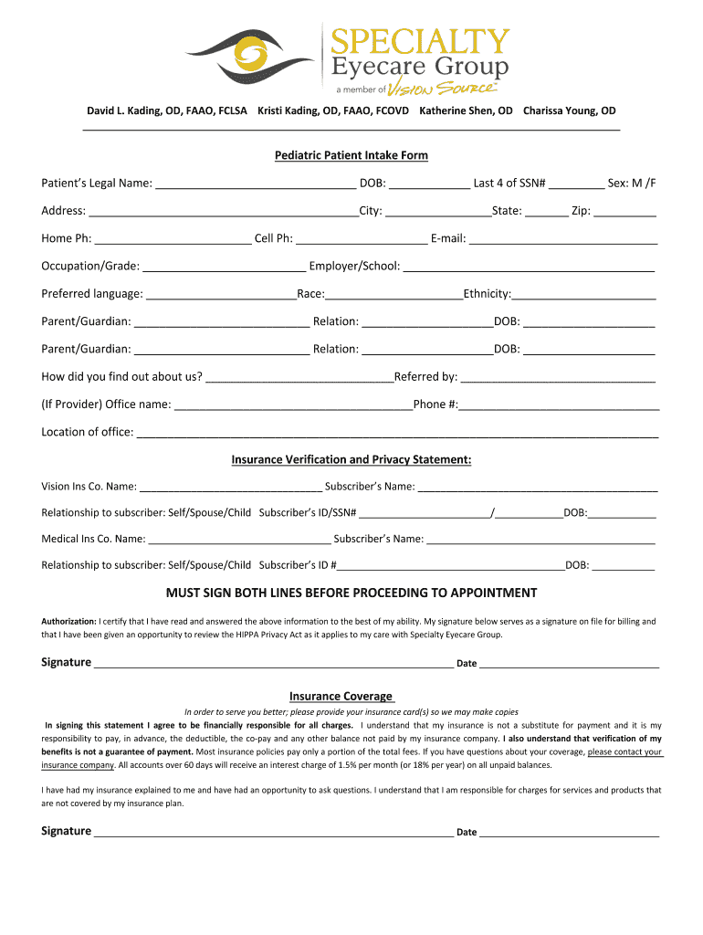 Pediatric Eye Exam 1 Hour Specialty Eyecare Group  Form