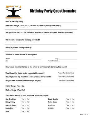 Birthday Party Planning Questionnaire  Form