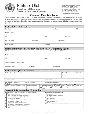  Consumer Complaint Form Utah Division of Consumer Protection 2017