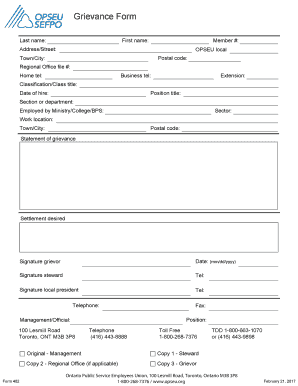  Workplacr Grievance Form to Ministry of Ontario 2017-2024